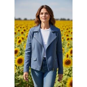 Chico's Blue Wool Blend Moto Jacket Size 3 Asymmetrical Zip Lined